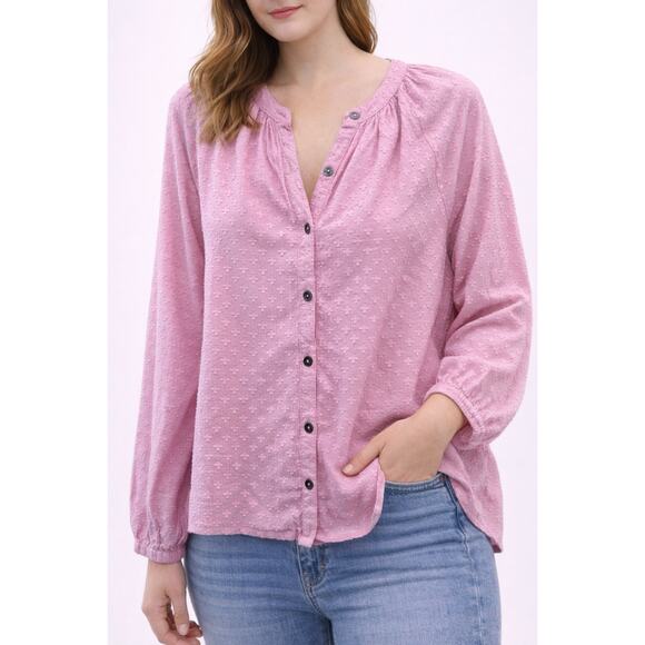 EVEREVE | Pink Swiss Dot Button Front Blouse Long Sleeve Cotton Top | Large - Picture 3 of 8